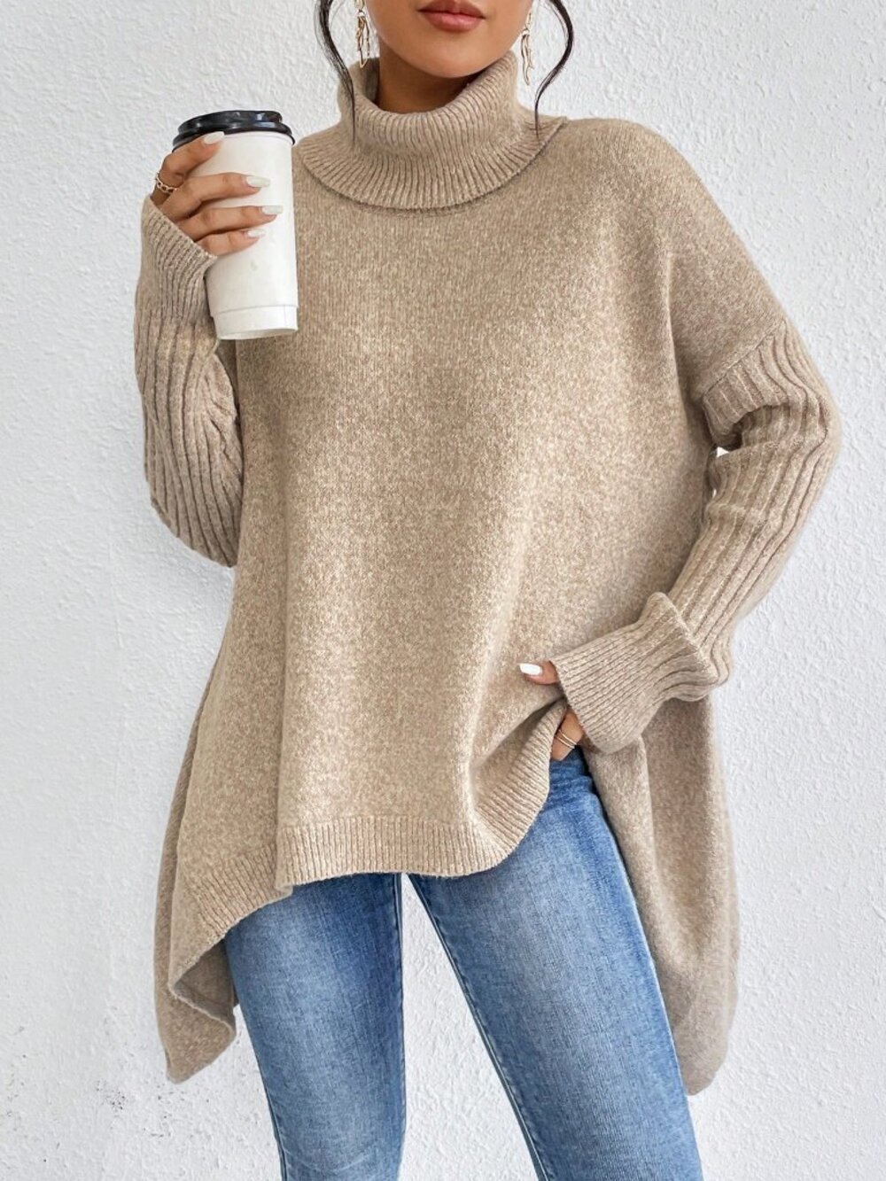 Khaki Casual Women's Oversized Plain Asymmetrical Long-Sleeve Pullover Sweater